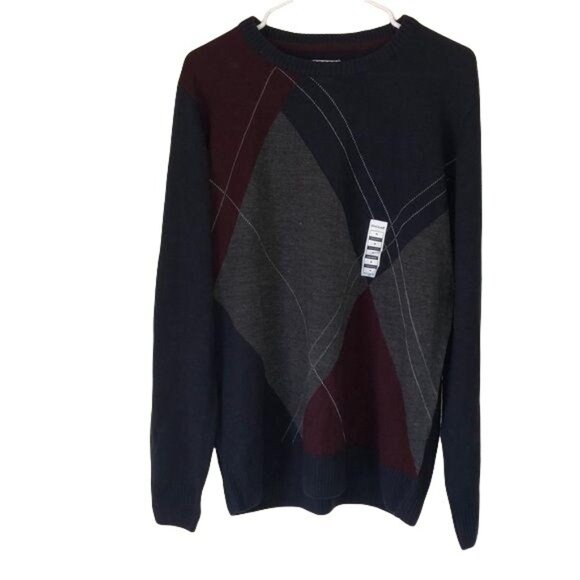 NWT Haggar Mens Argyle Long Sleeve Knit Sweater Size M Navy/Burgundy/Gray - Picture 1 of 6